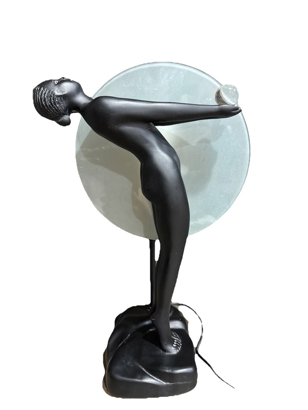 Art Deco Porcelain Nude Woman Back Pose Crystal Ball Frosted Sphere Moon Lamp